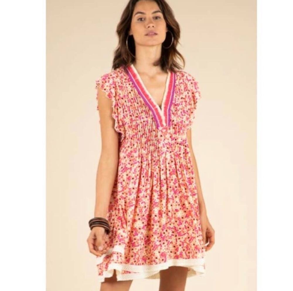 POUPETTE ST BARTH Sasha Floral Mini Dress Yellow Floral Cover-Up Lace S